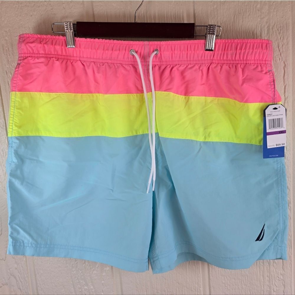 Men's Nautica Pink, Yellow, and Blue Swim Shorts, Size XXL